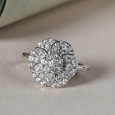 Lustro Stella Platinum Overlay Sterling Silver Floral Ring Made with Finest CZ 1.38 Ct.