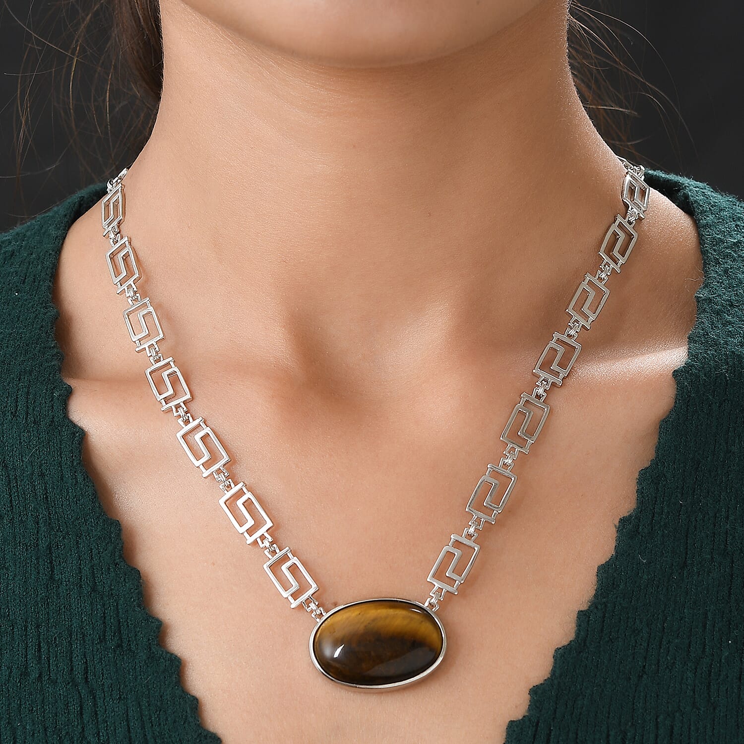 Designer Inspired - Tiger Eye Greek Key Necklace (Size - 20)