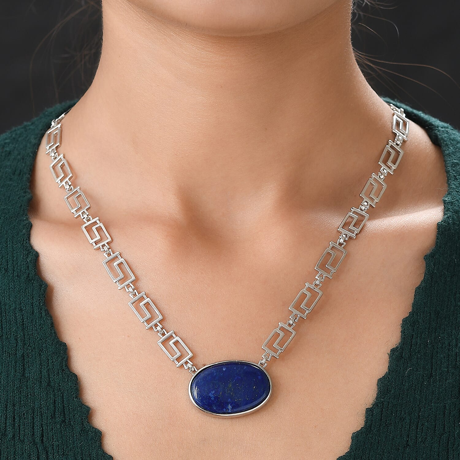 Designer Inspired -Lapis Lazuli Greek Key Necklace (Size - 20)
