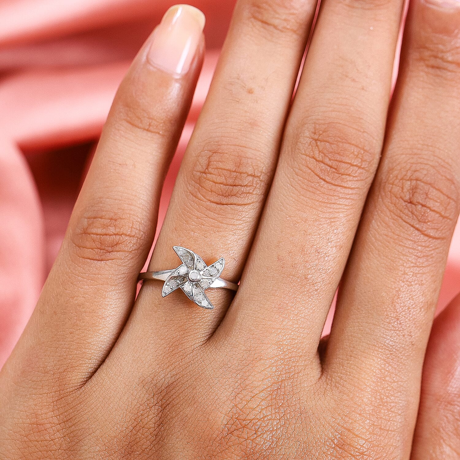 Diamond Ring in Platinum Overlay Sterling Silver 0.15 Ct