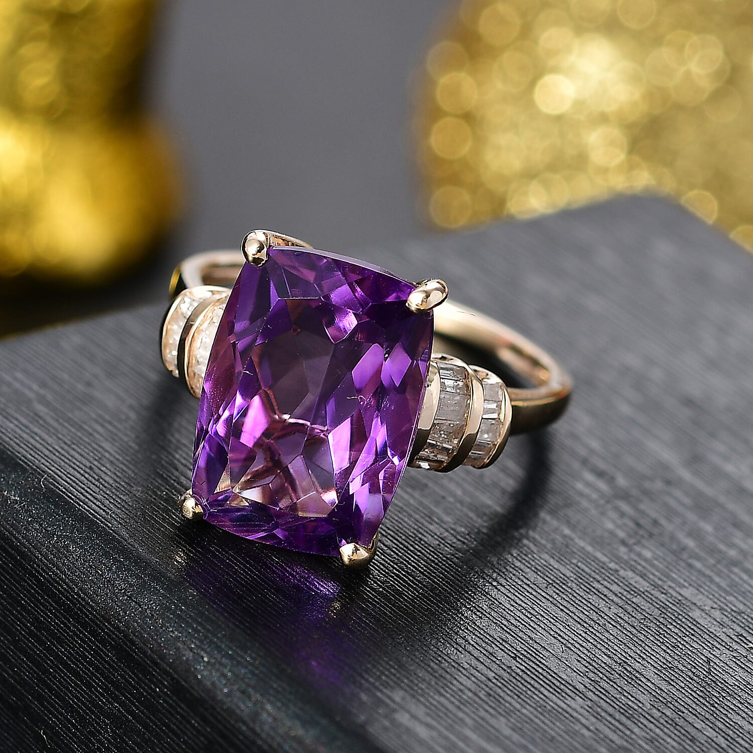 9K Yellow Gold Natural Moroccan Amethyst and Diamond Ring 6.32 Ct.