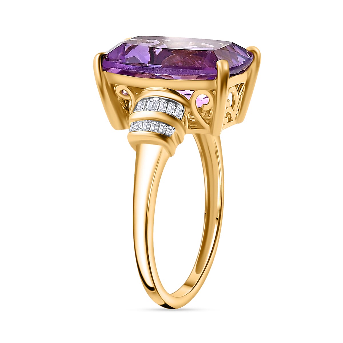 9K Yellow Gold Natural Moroccan Amethyst and Diamond Ring 6.32 Ct.