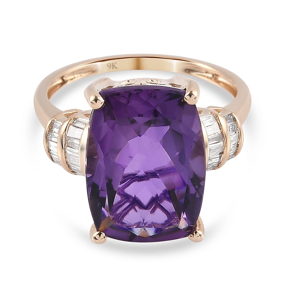 9K Yellow Gold Natural Moroccan Amethyst and Diamond Ring 6.32 Ct.