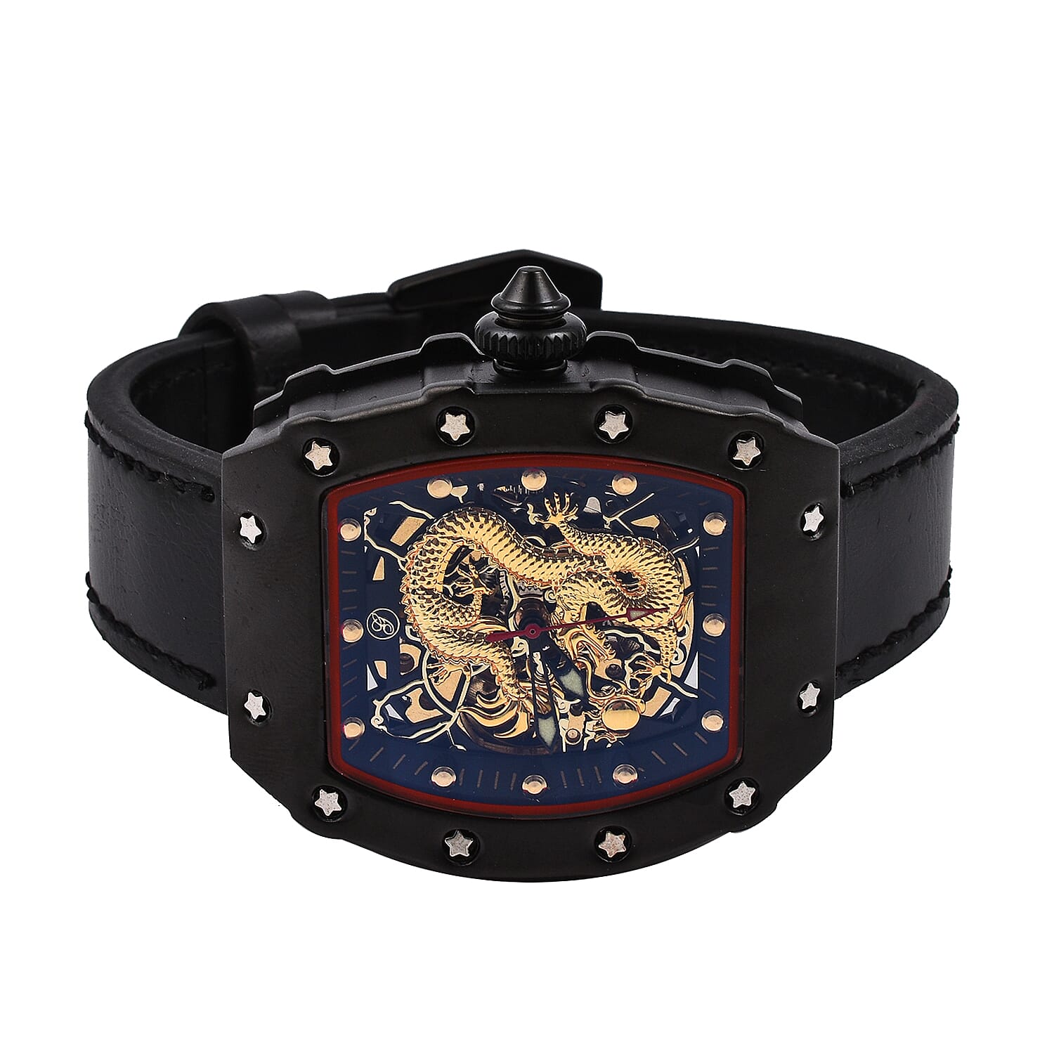 GENOA  Automatic Mechanical Movement 3 ATM Water Resistant Watch with Golden Dragon Pattern Dial and Black Leather Strap - Black