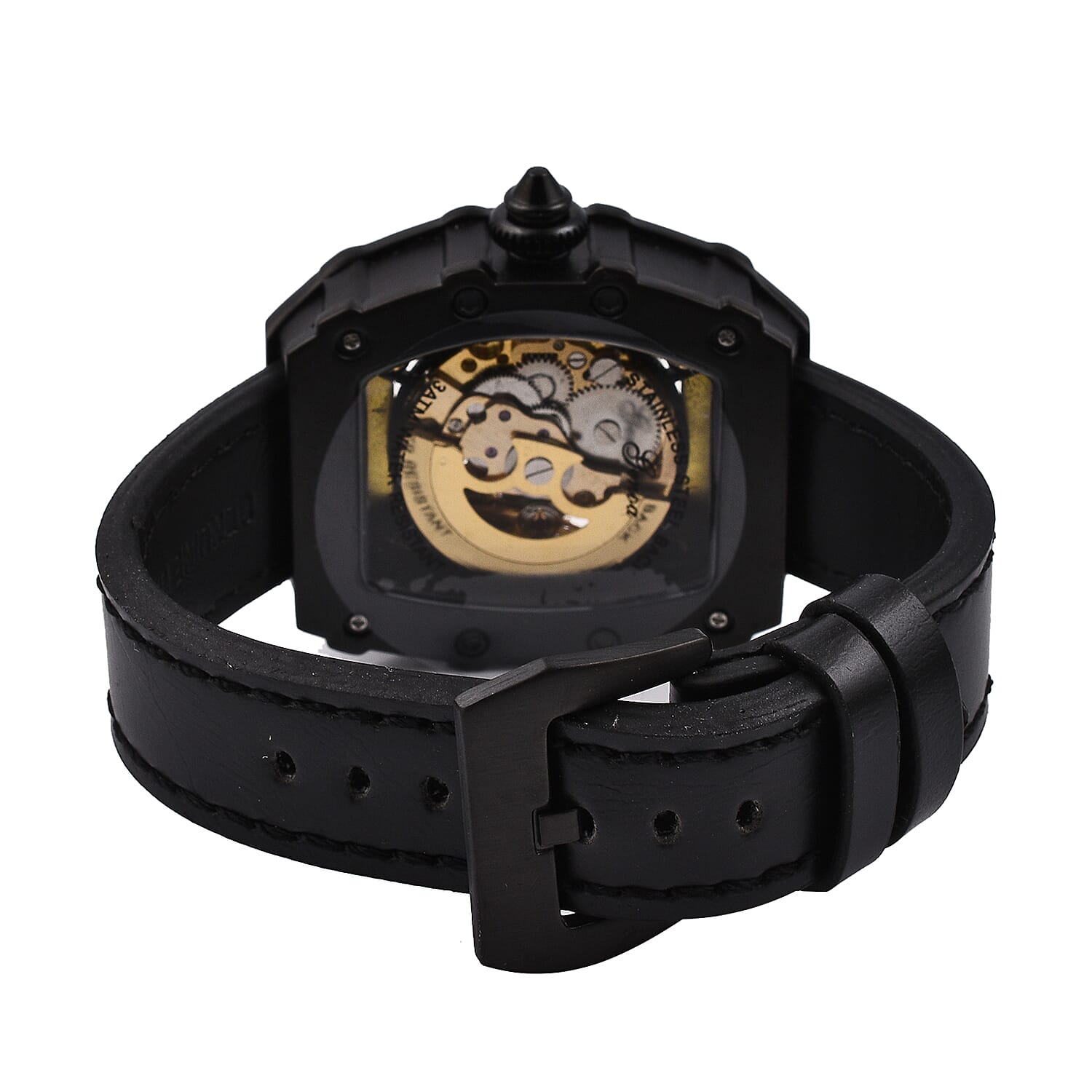 GENOA  Automatic Mechanical Movement 3 ATM Water Resistant Watch with Golden Dragon Pattern Dial and Black Leather Strap - Black