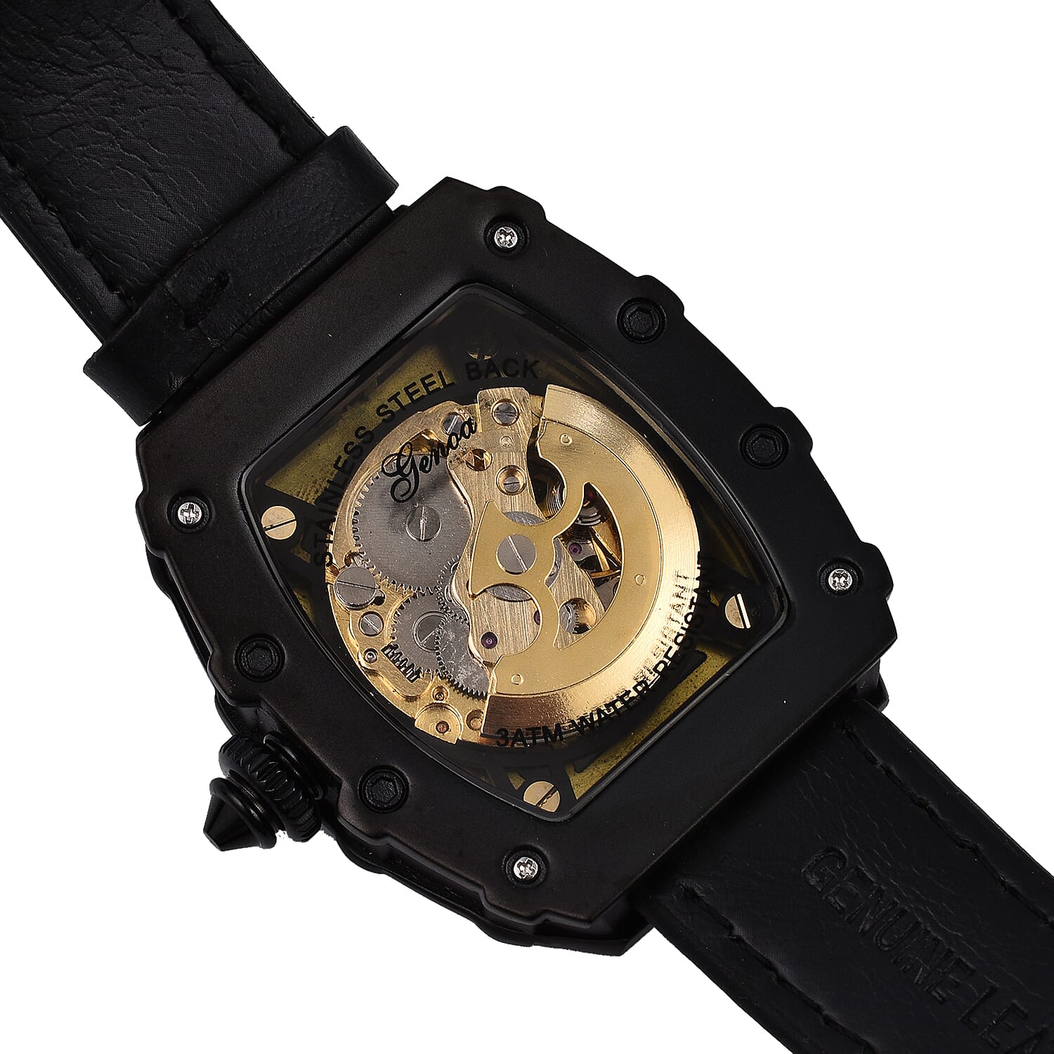 GENOA  Automatic Mechanical Movement 3 ATM Water Resistant Watch with Golden Dragon Pattern Dial and Black Leather Strap - Black