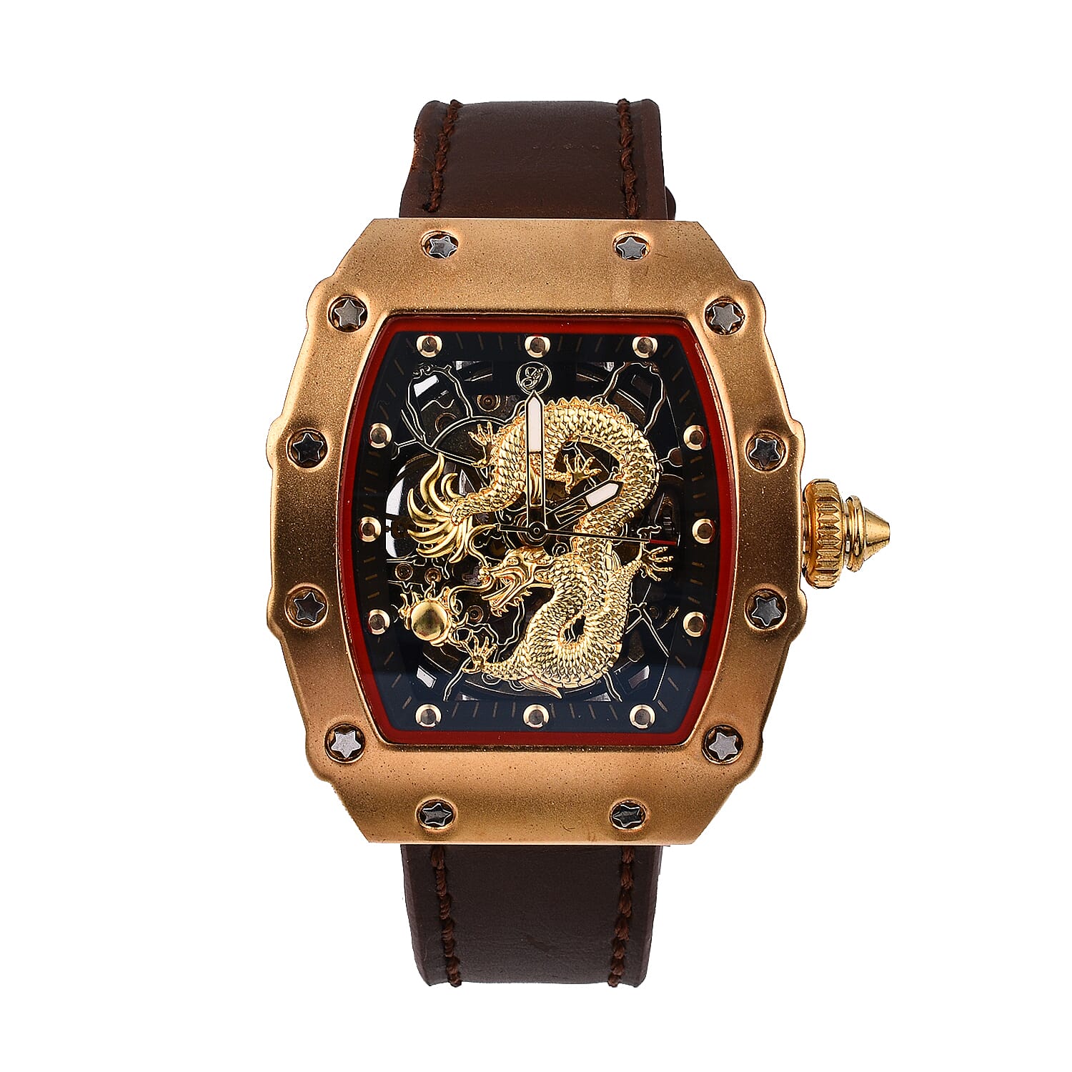 GENOA Automatic Mechanical Movement 3 ATM Water Resistant Watch with Golden Dragon Pattern Dial and Brown Leather Strap