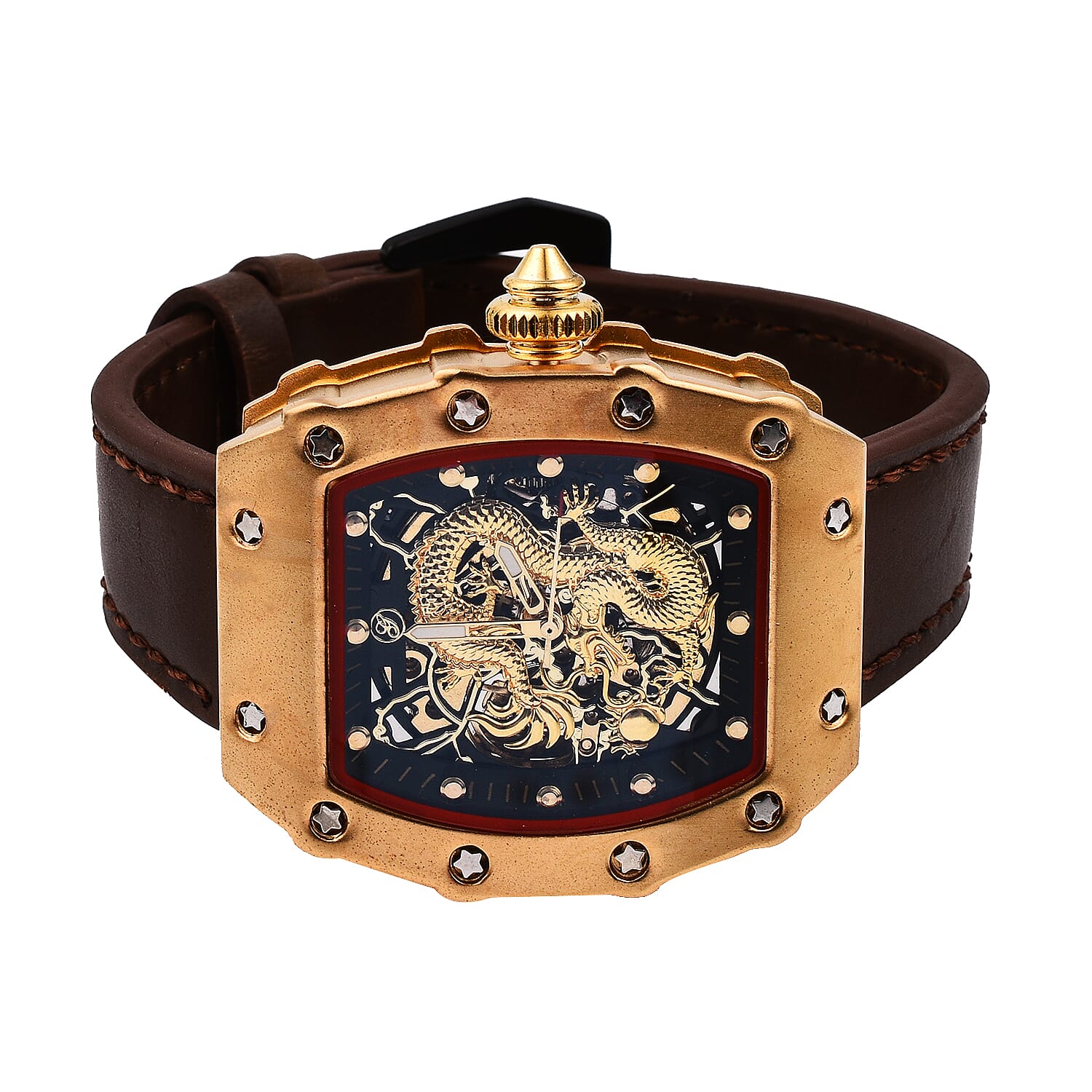 GENOA Automatic Mechanical Movement 3 ATM Water Resistant Watch with Golden Dragon Pattern Dial and Brown Leather Strap