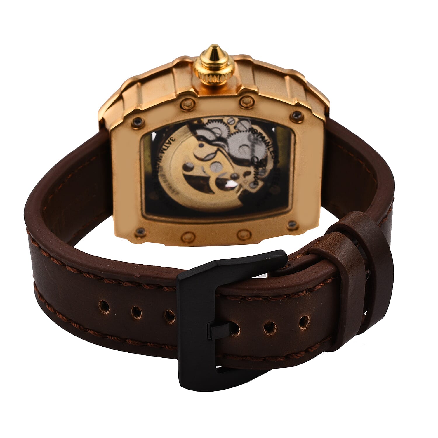 GENOA Automatic Mechanical Movement 3 ATM Water Resistant Watch with Golden Dragon Pattern Dial and Brown Leather Strap