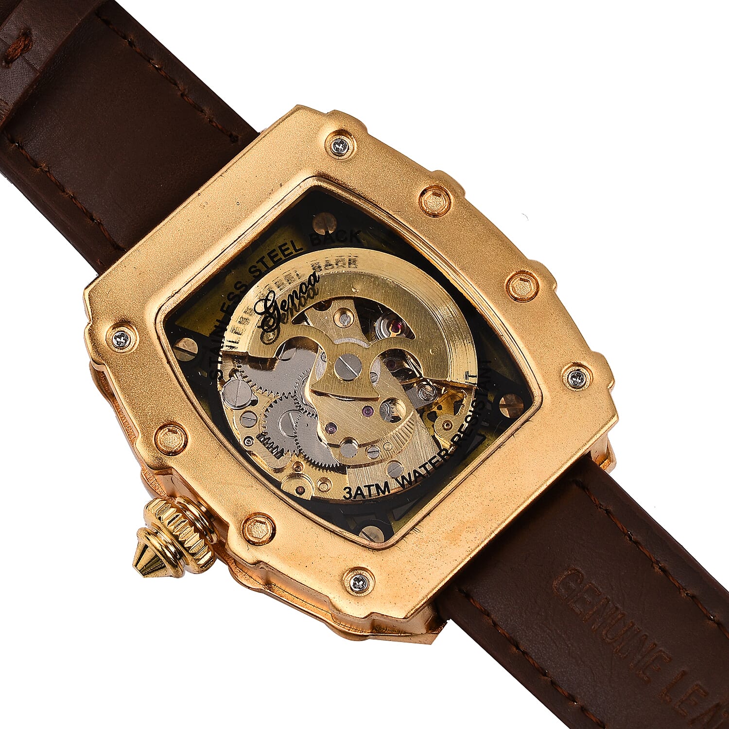 GENOA Automatic Mechanical Movement 3 ATM Water Resistant Watch with Golden Dragon Pattern Dial and Brown Leather Strap