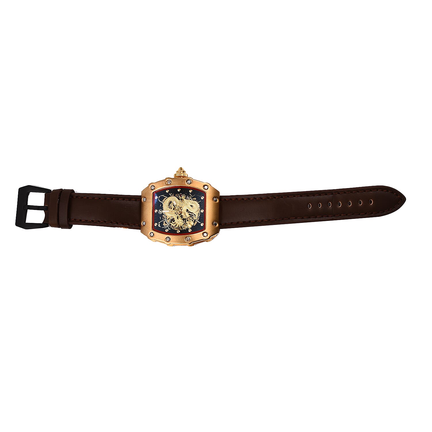 GENOA Automatic Mechanical Movement 3 ATM Water Resistant Watch with Golden Dragon Pattern Dial and Brown Leather Strap