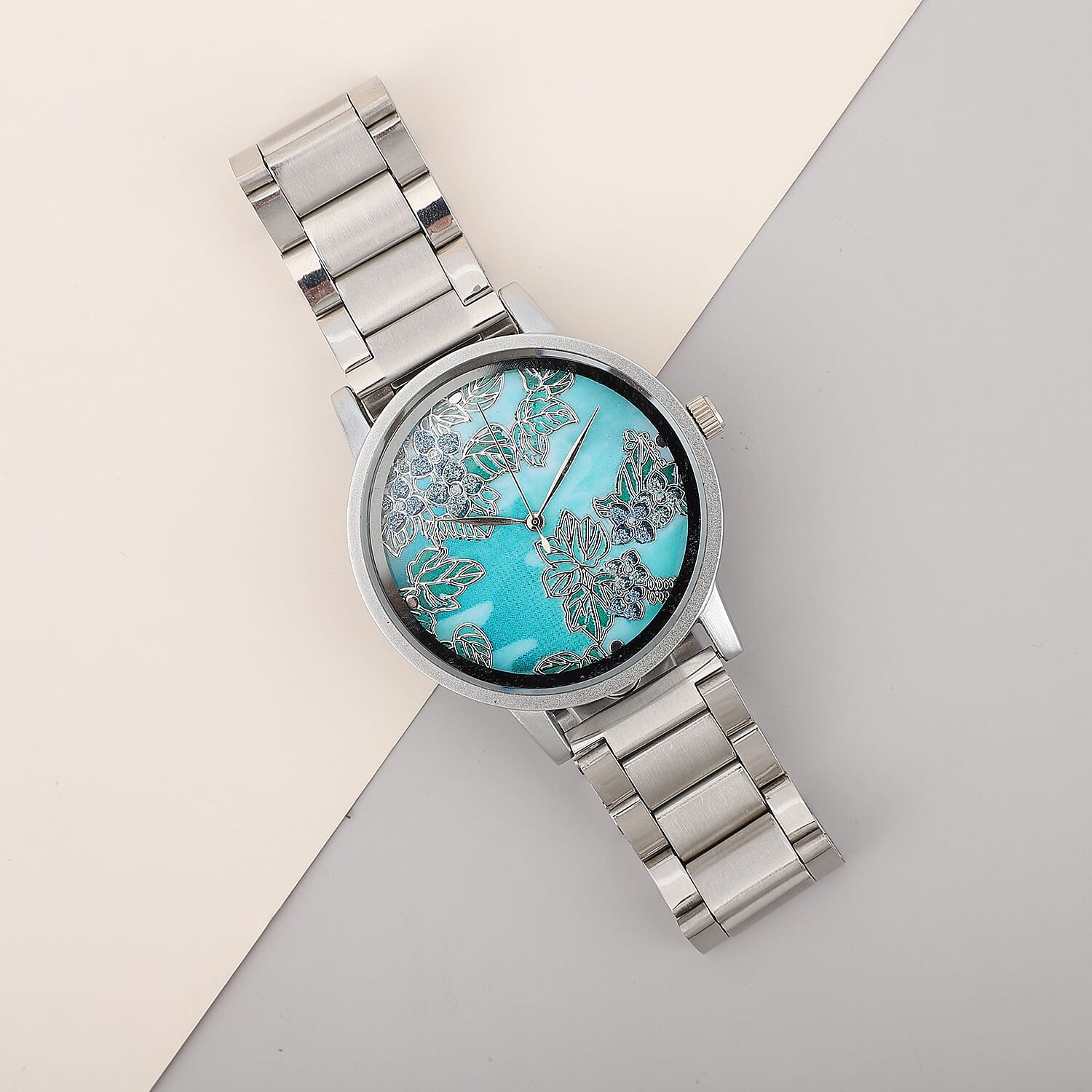 STRADA Japanese Movement Leaf Pattern Dial Water Resistant Watch with Silver Colour Chain Strap