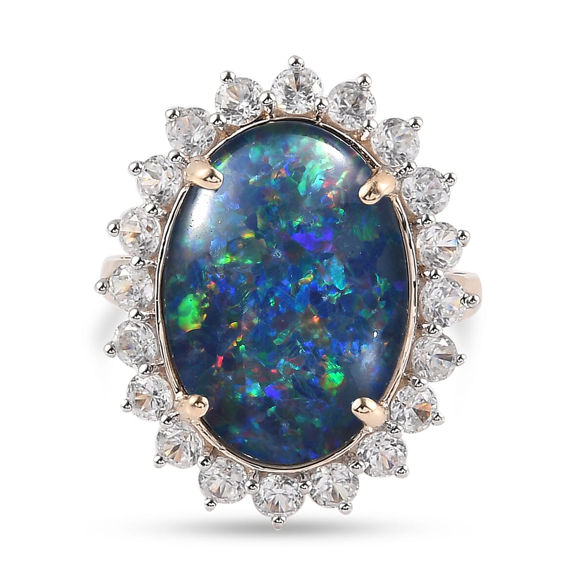 9K Yellow Gold Australian Triplet Boulder Opal & Natural Zircon Ring 9.36 Ct.