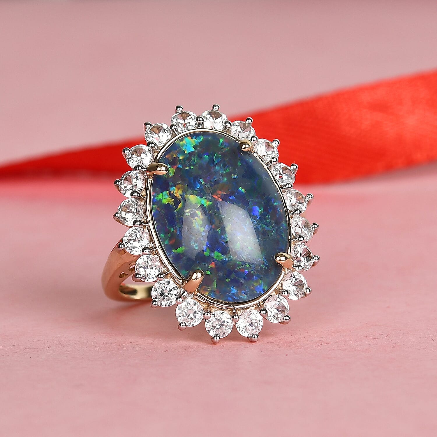 9K Yellow Gold Australian Triplet Boulder Opal & Natural Zircon Ring 9.36 Ct.