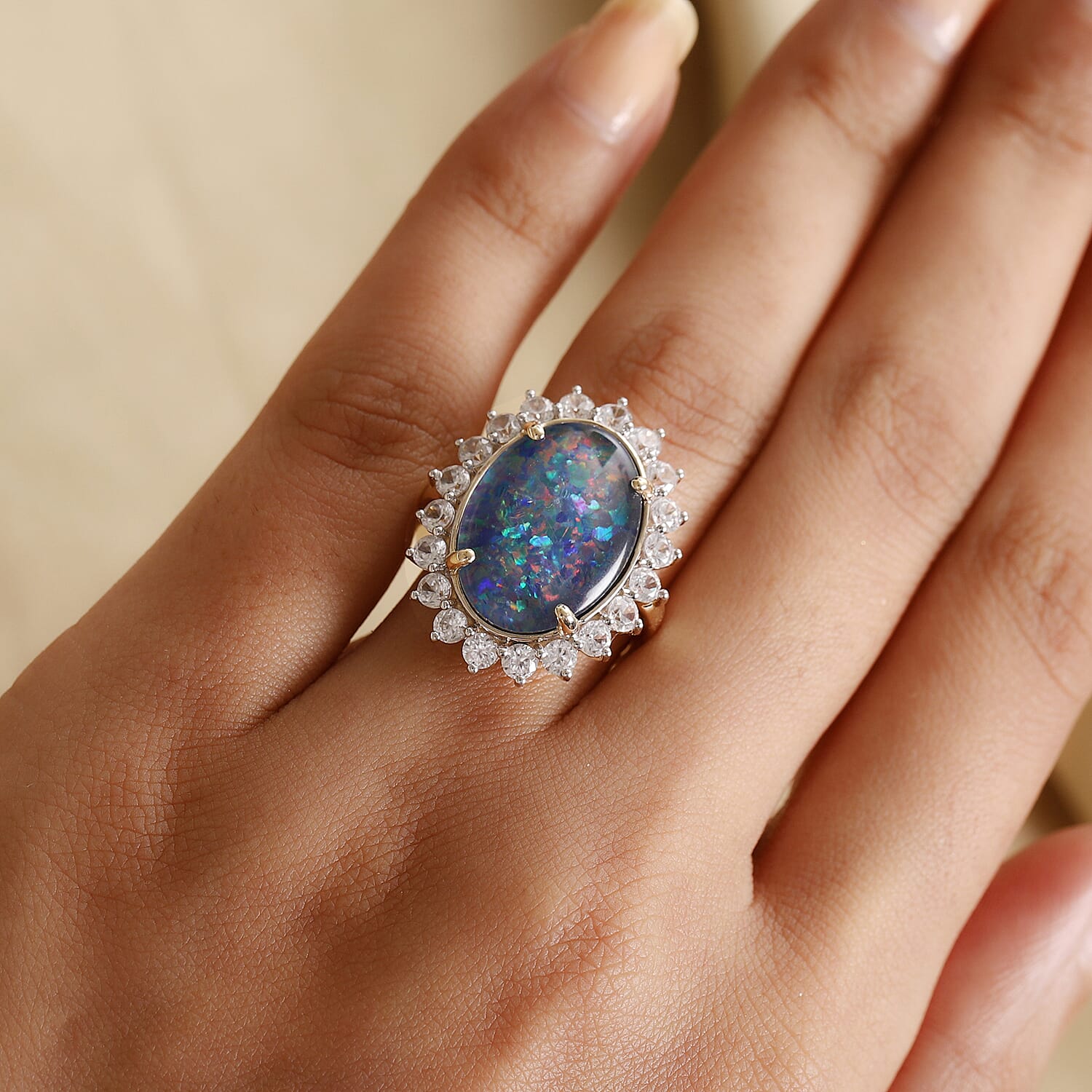 9K Yellow Gold Australian Triplet Boulder Opal & Natural Zircon Ring 9.36 Ct.