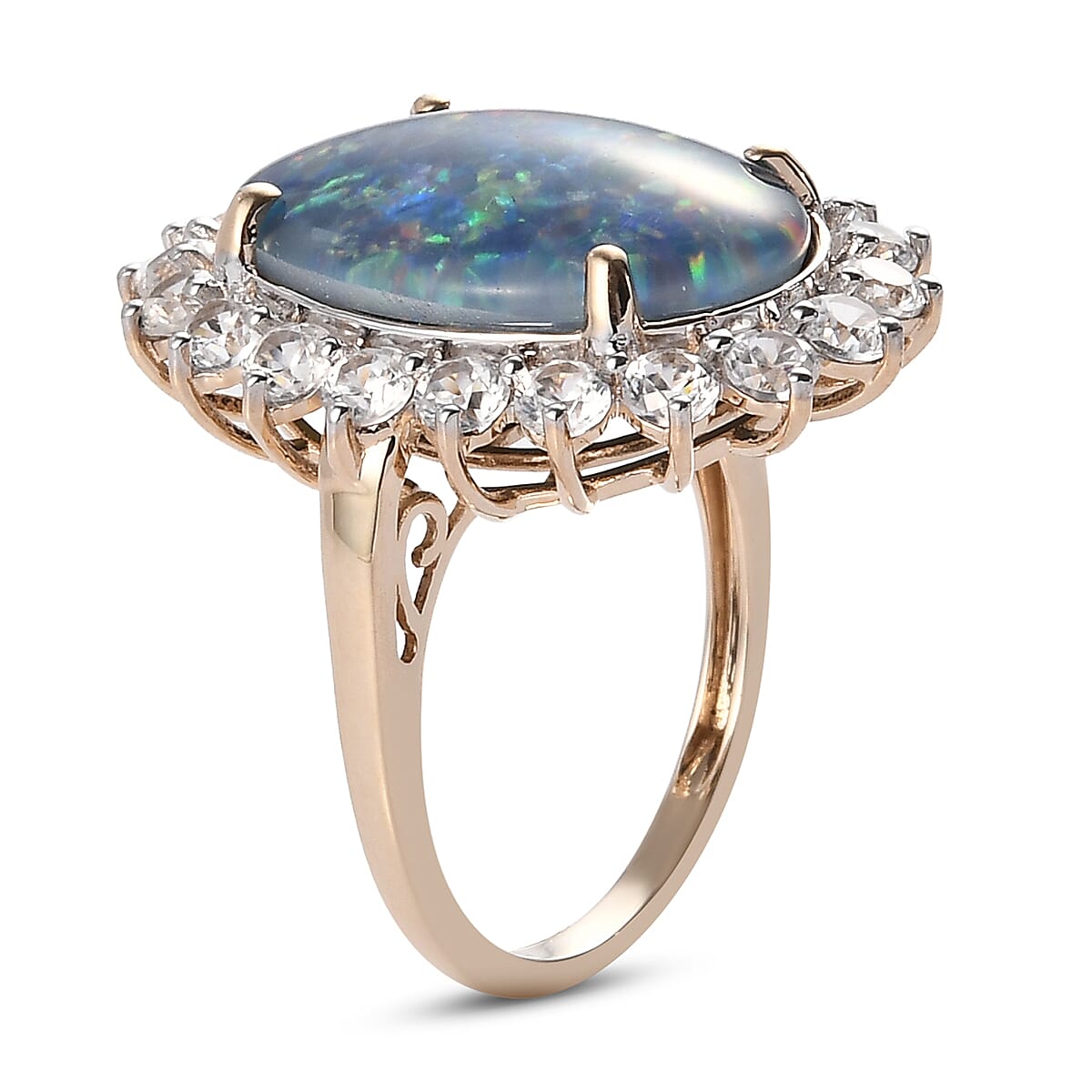 9K Yellow Gold Australian Triplet Boulder Opal & Natural Zircon Ring 9.36 Ct.