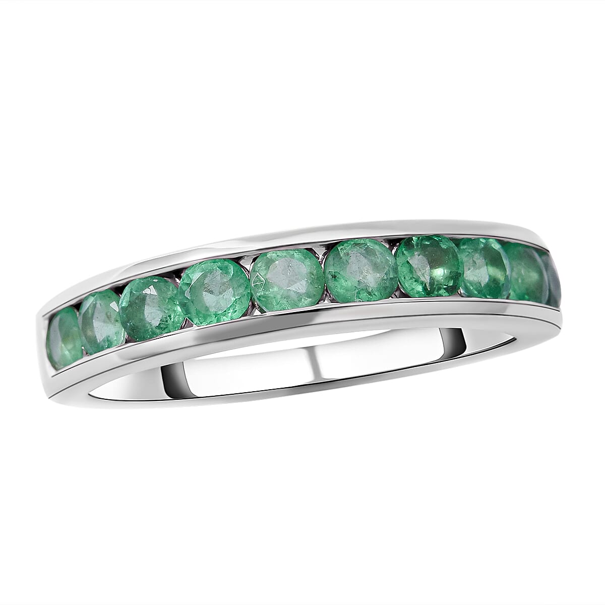Emerald Half Eternity Band Ring in Rhodium Overlay Sterling Silver 1.00 Ct.