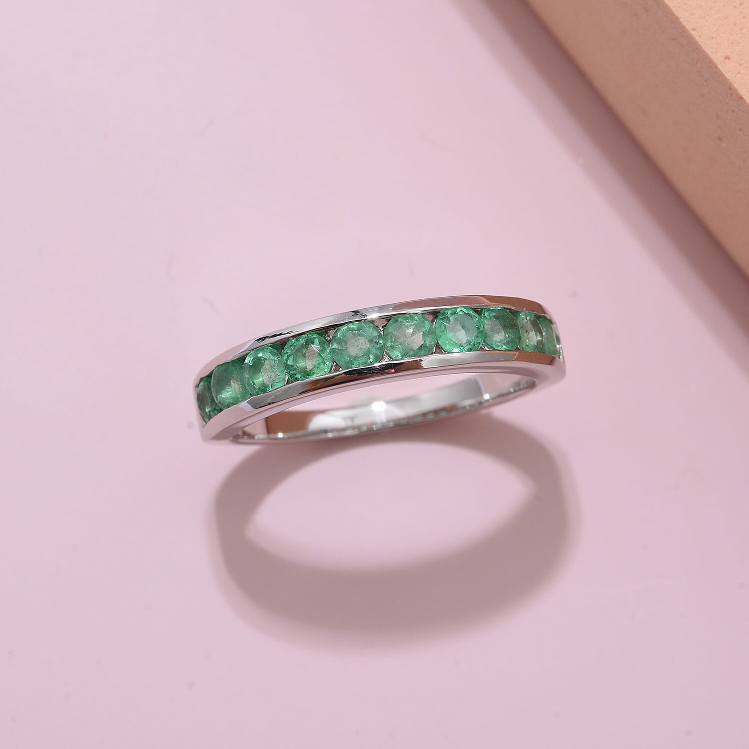 Emerald Half Eternity Band Ring in Rhodium Overlay Sterling Silver 1.00 Ct.