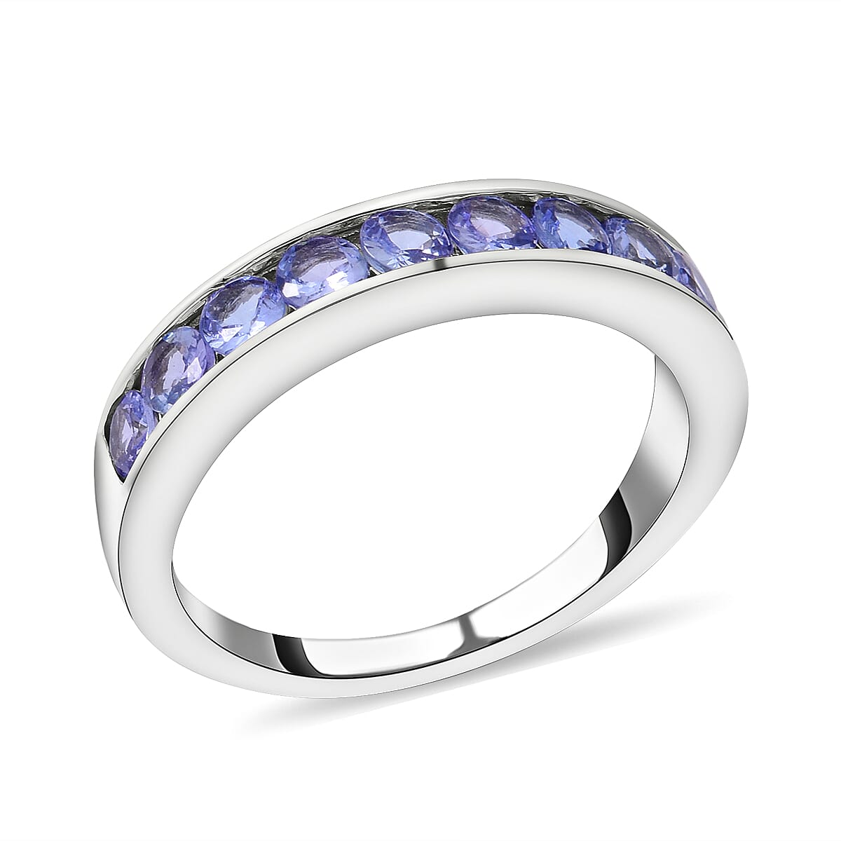 Tanzanite Half Eternity Band Ring in Rhodium Overlay Sterling Silver