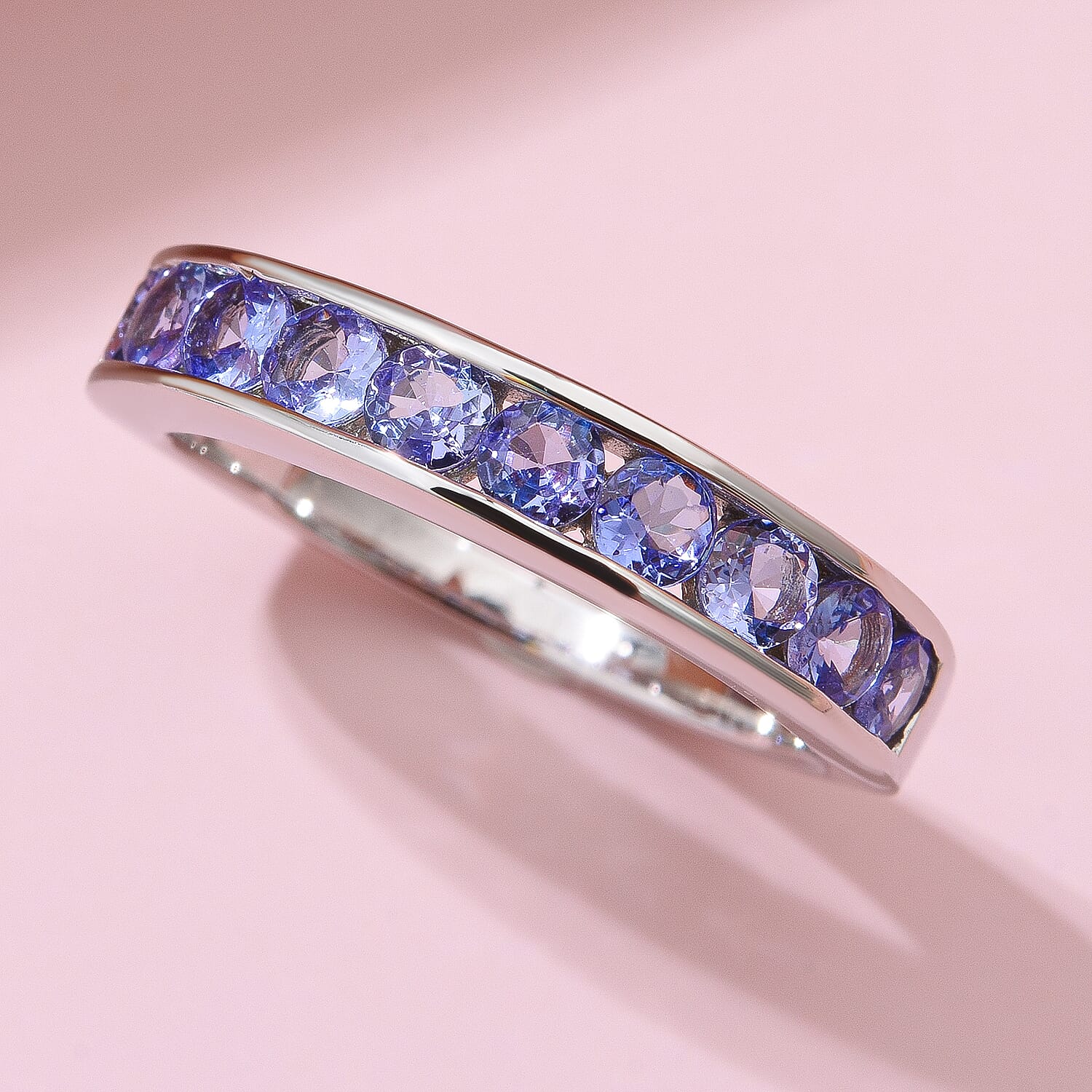 Tanzanite Half Eternity Band Ring in Rhodium Overlay Sterling Silver