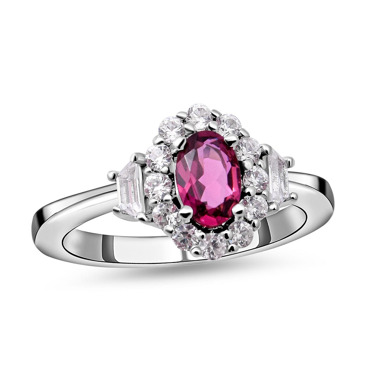 Rubellite and Natural Zircon Ring in Rhodium Overlay Sterling Silver 1.00 Ct.