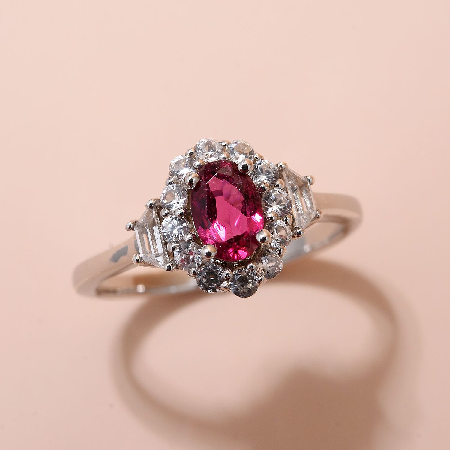 Rubellite and Natural Zircon Ring in Rhodium Overlay Sterling Silver 1.00 Ct.