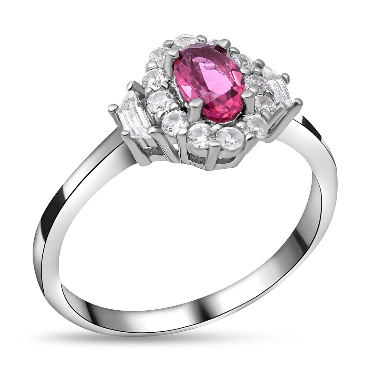 Rubellite and Natural Zircon Ring in Rhodium Overlay Sterling Silver 1.00 Ct.