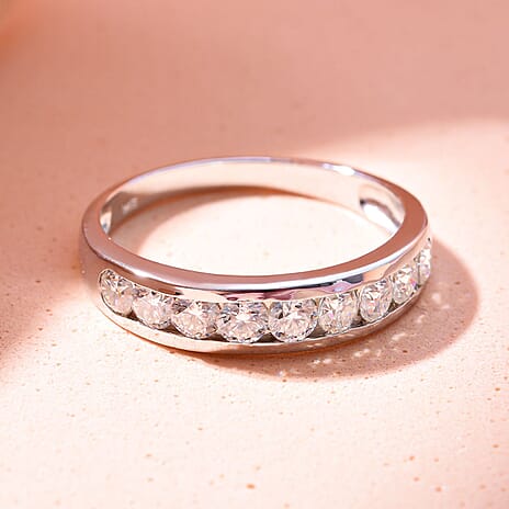 Moissanite Half Eternity Ring in Rhodium Overlay Sterling Silver
