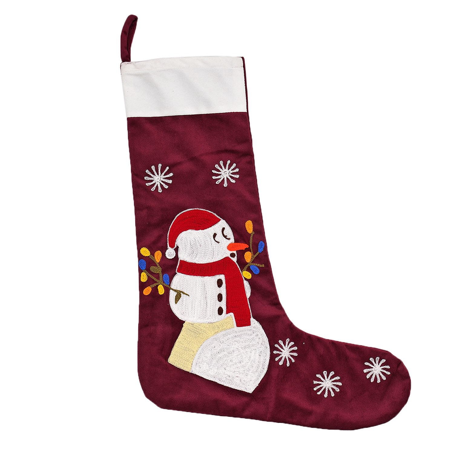 Velvet Christmas Embroidered Hanging-Stocking Sock (Size 18x48 Cm) - Red Wine