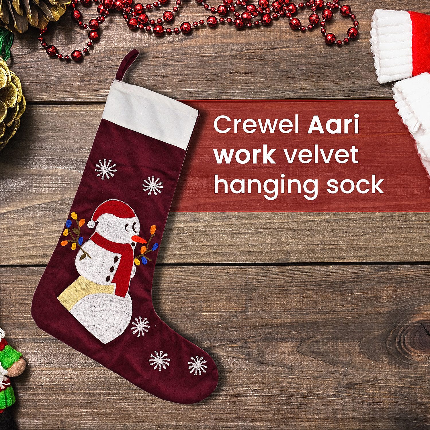 Velvet Christmas Embroidered Hanging-Stocking Sock (Size 18x48 Cm) - Red Wine