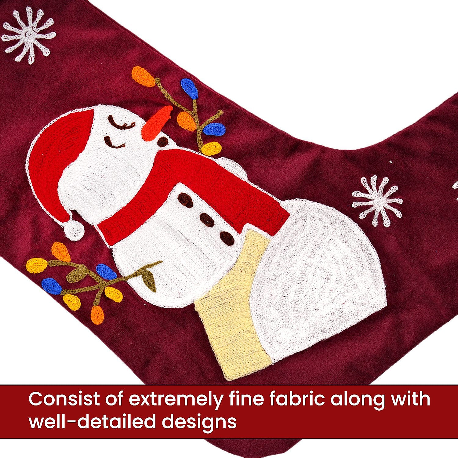 Velvet Christmas Embroidered Hanging-Stocking Sock (Size 18x48 Cm) - Red Wine
