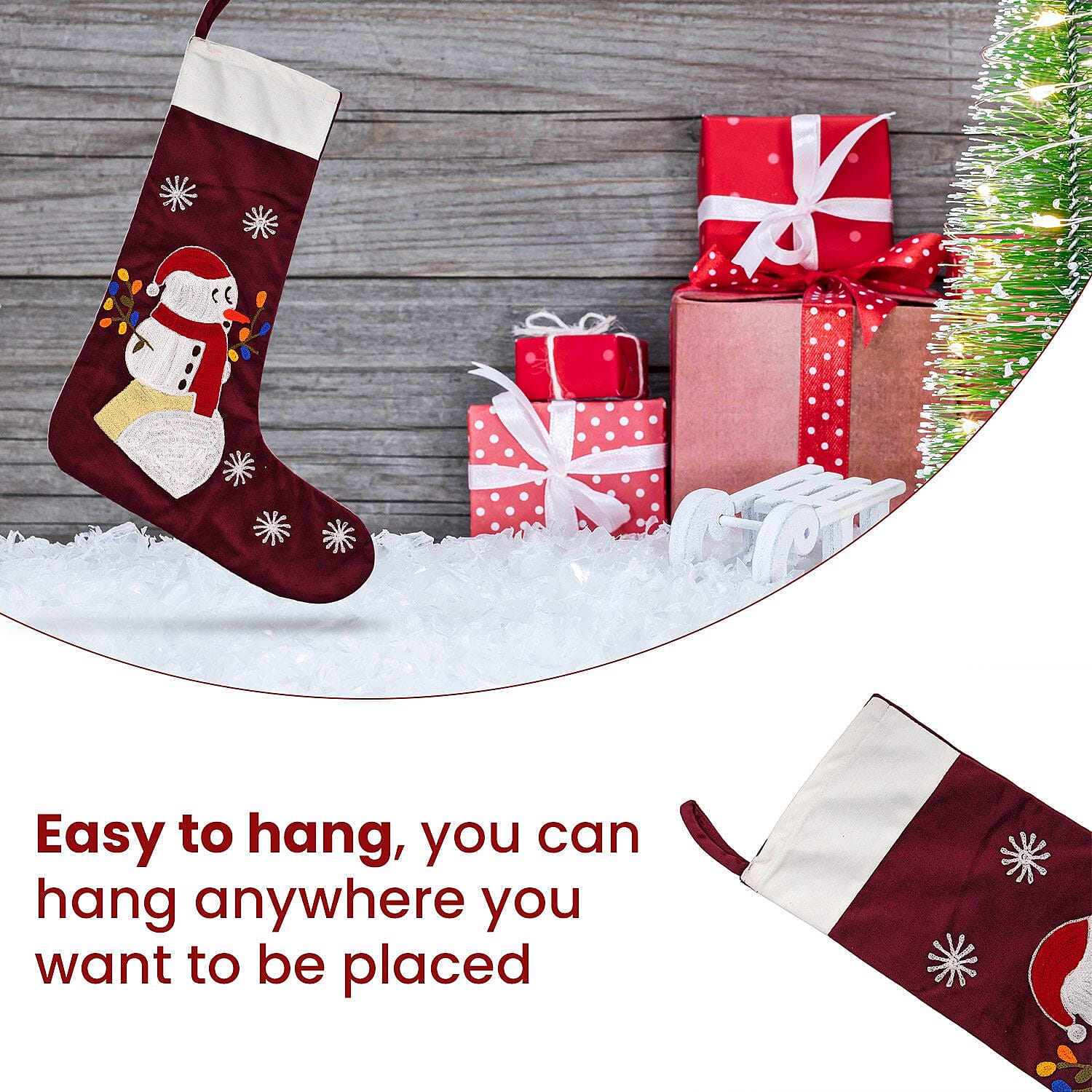 Velvet Christmas Embroidered Hanging-Stocking Sock (Size 18x48 Cm) - Red Wine