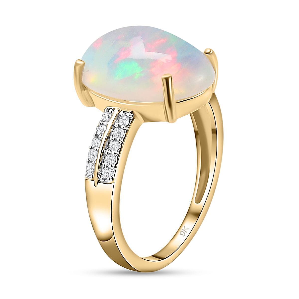 9K Yellow Gold AAA Ethiopian Welo Opal and Diamond Ring I3 G-H (Size 14x10) 4.16 Ct.