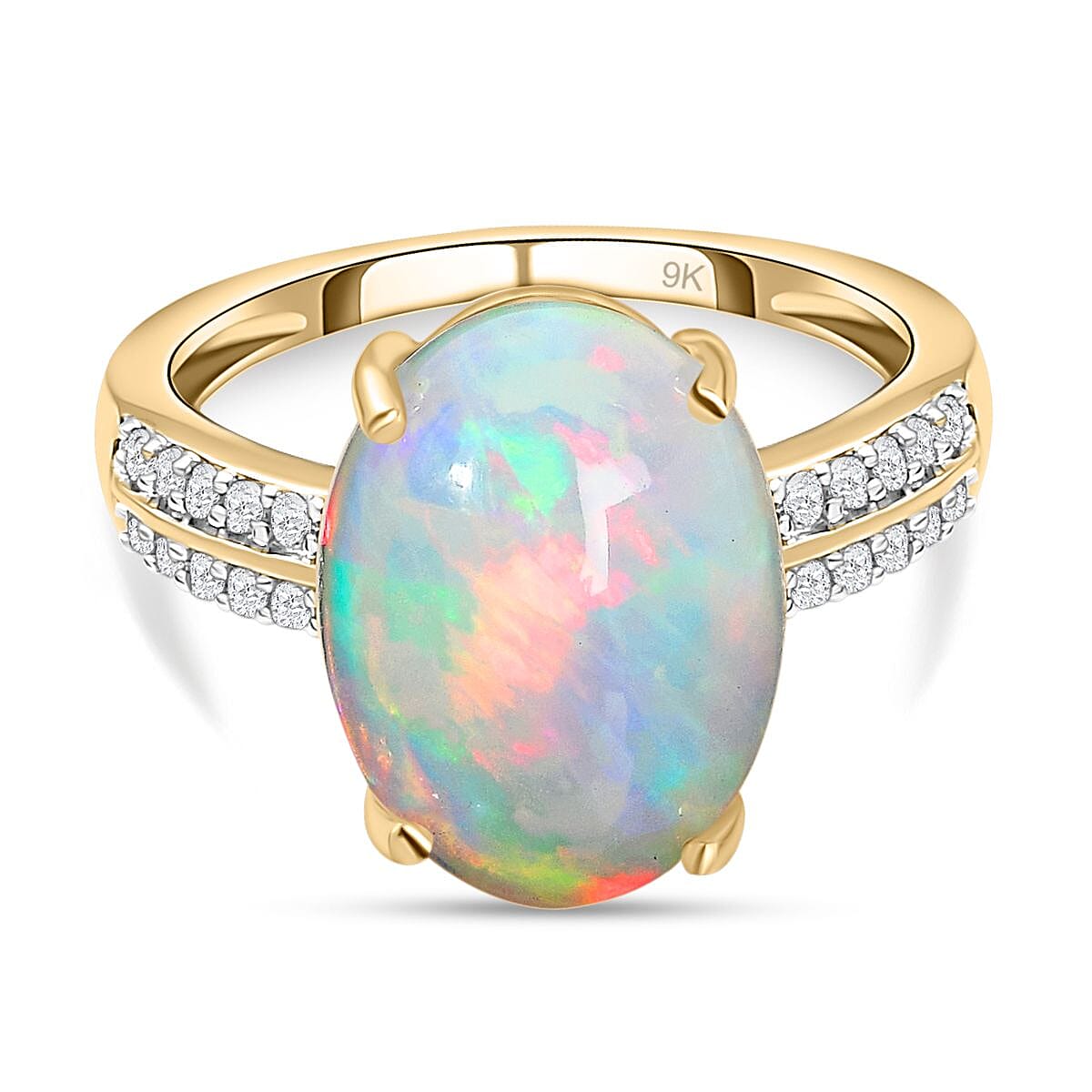 9K Yellow Gold AAA Ethiopian Welo Opal and Diamond Ring I3 G-H (Size 14x10) 4.16 Ct.