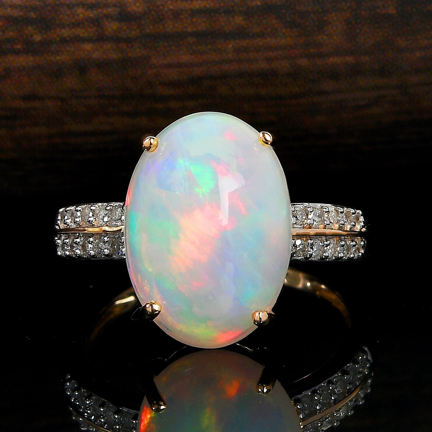 9K Yellow Gold AAA Ethiopian Welo Opal and Diamond Ring I3 G-H (Size 14x10) 4.16 Ct.