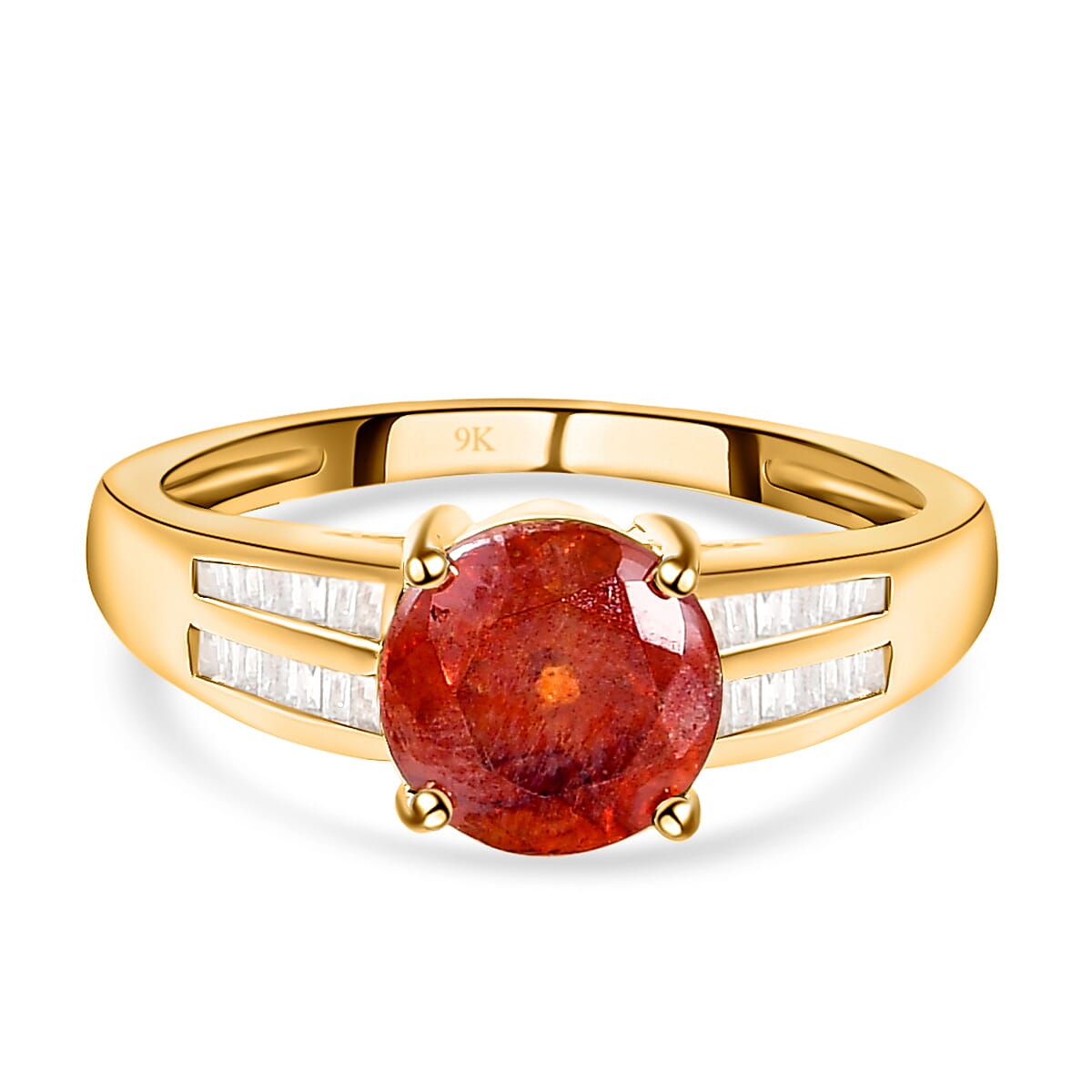 9K Yellow Gold Dark Orange Sphalerite and Diamond Ring 2.43 Ct.