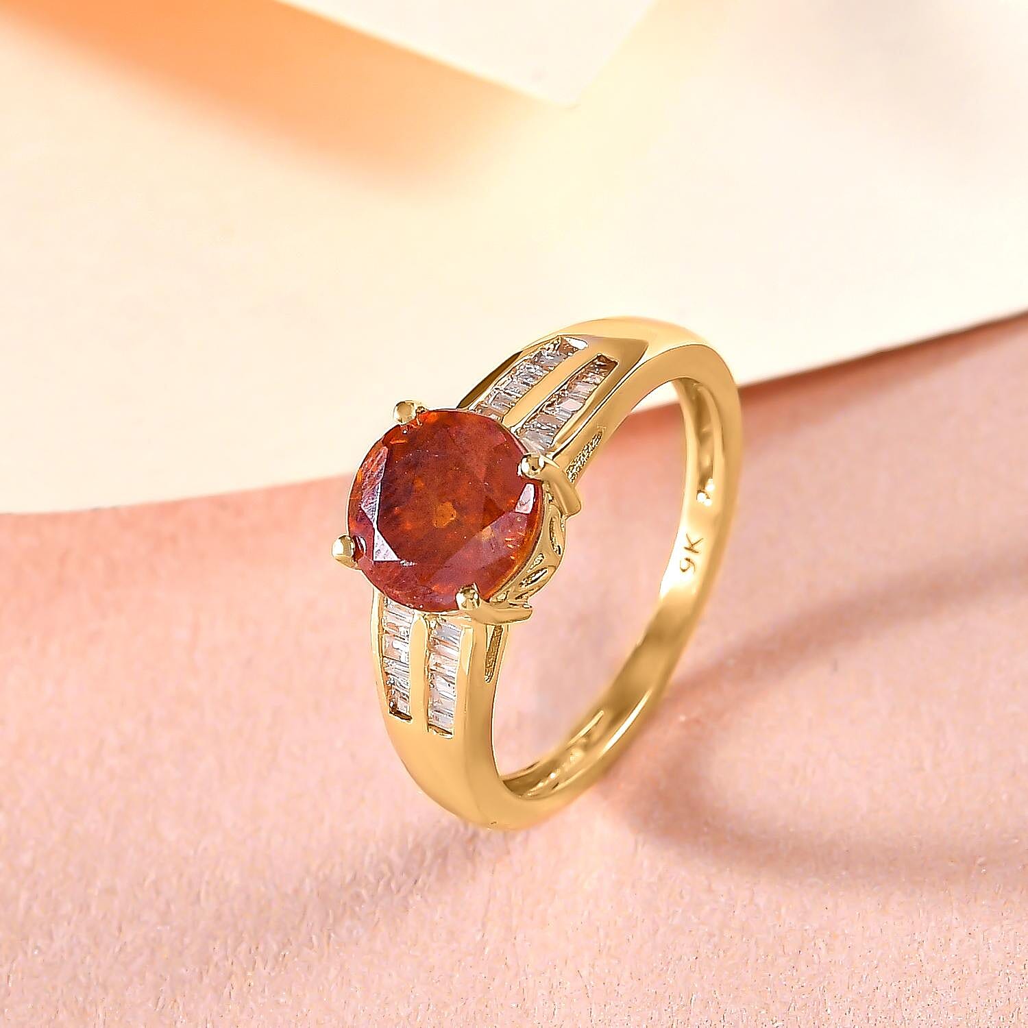 9K Yellow Gold Dark Orange Sphalerite and Diamond Ring 2.43 Ct.