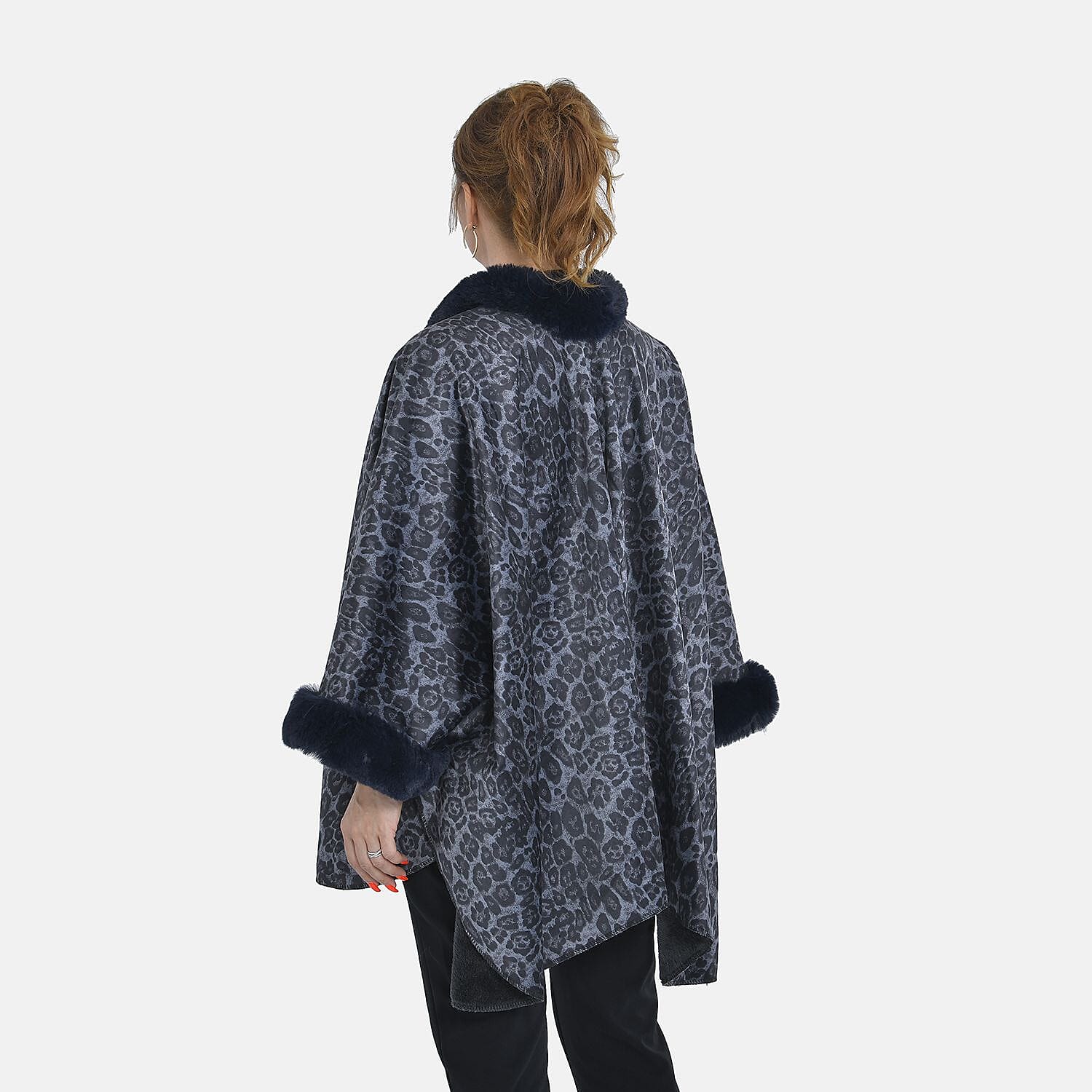 TAMSY Leopard Printed Double Layer Faux Fur Kimono - Navy