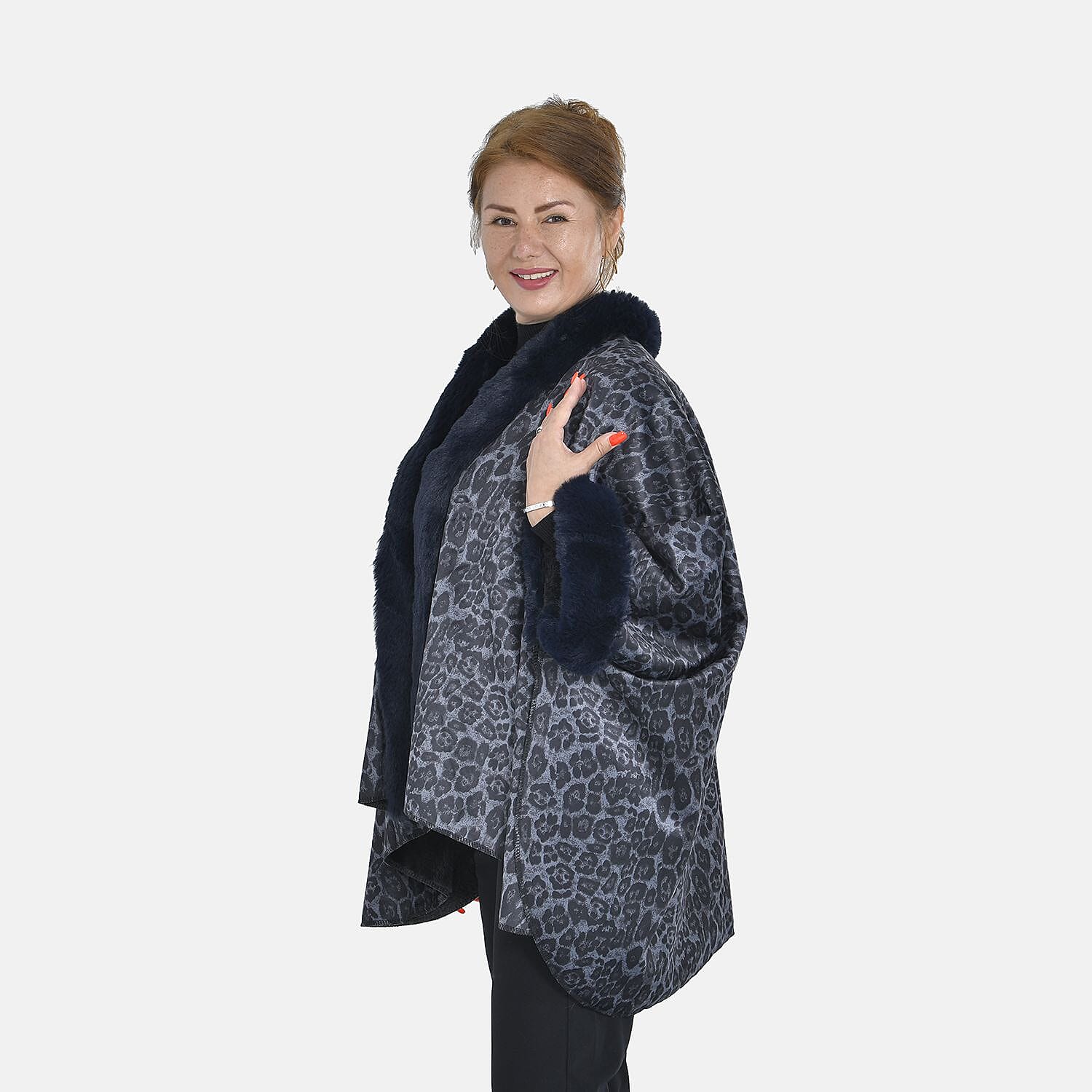 TAMSY Leopard Printed Double Layer Faux Fur Kimono - Navy