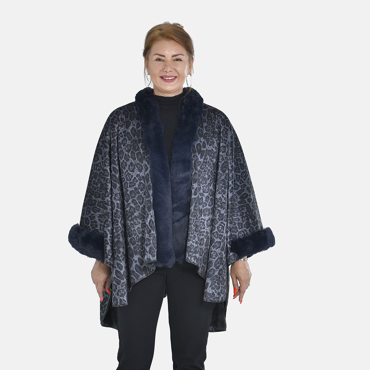 TAMSY Leopard Printed Double Layer Faux Fur Kimono - Navy