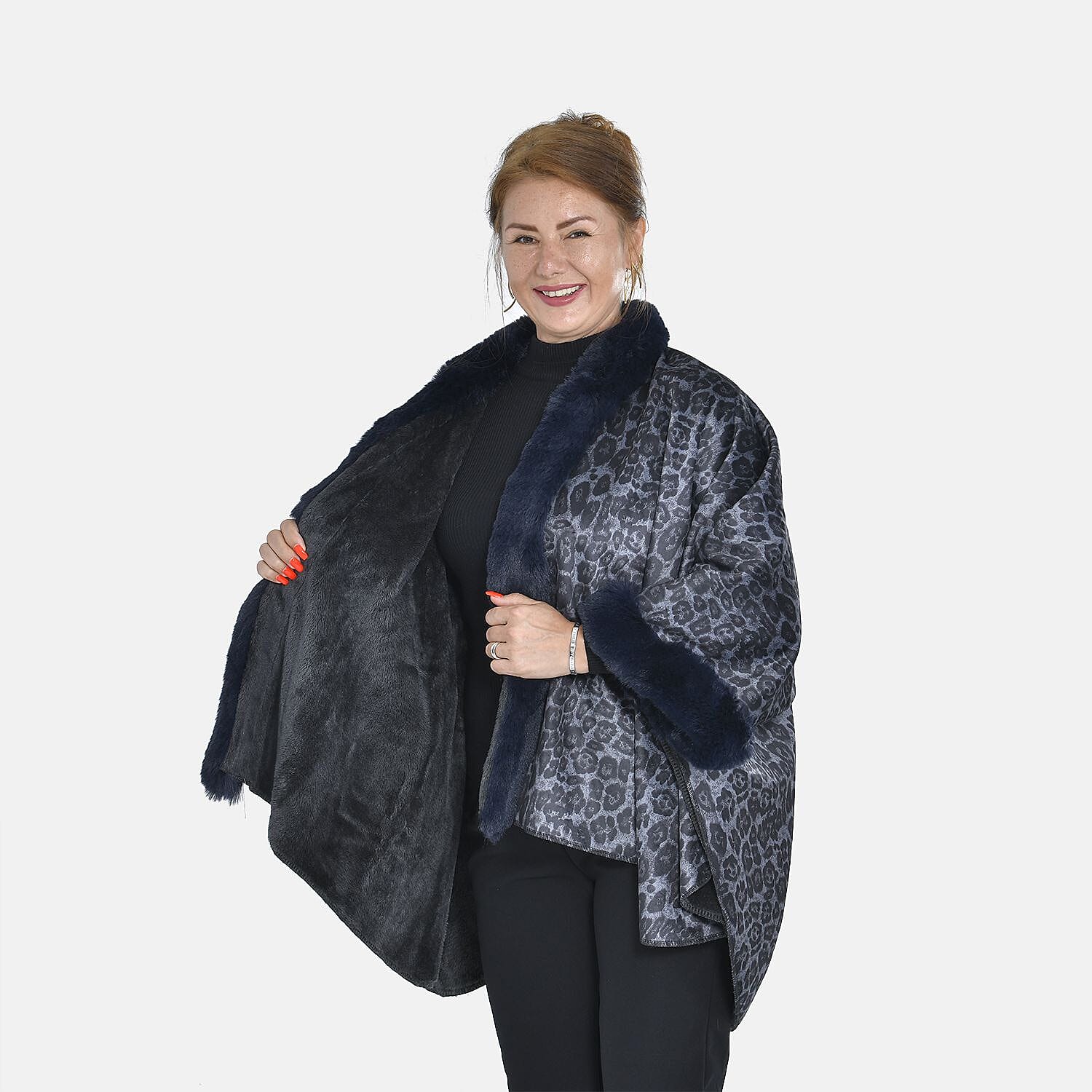 TAMSY Leopard Printed Double Layer Faux Fur Kimono - Navy