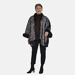 Tamsy Leopard Pattern Faux Fur Trim Kimono (Size 142x73 Cm) - Dark Brown