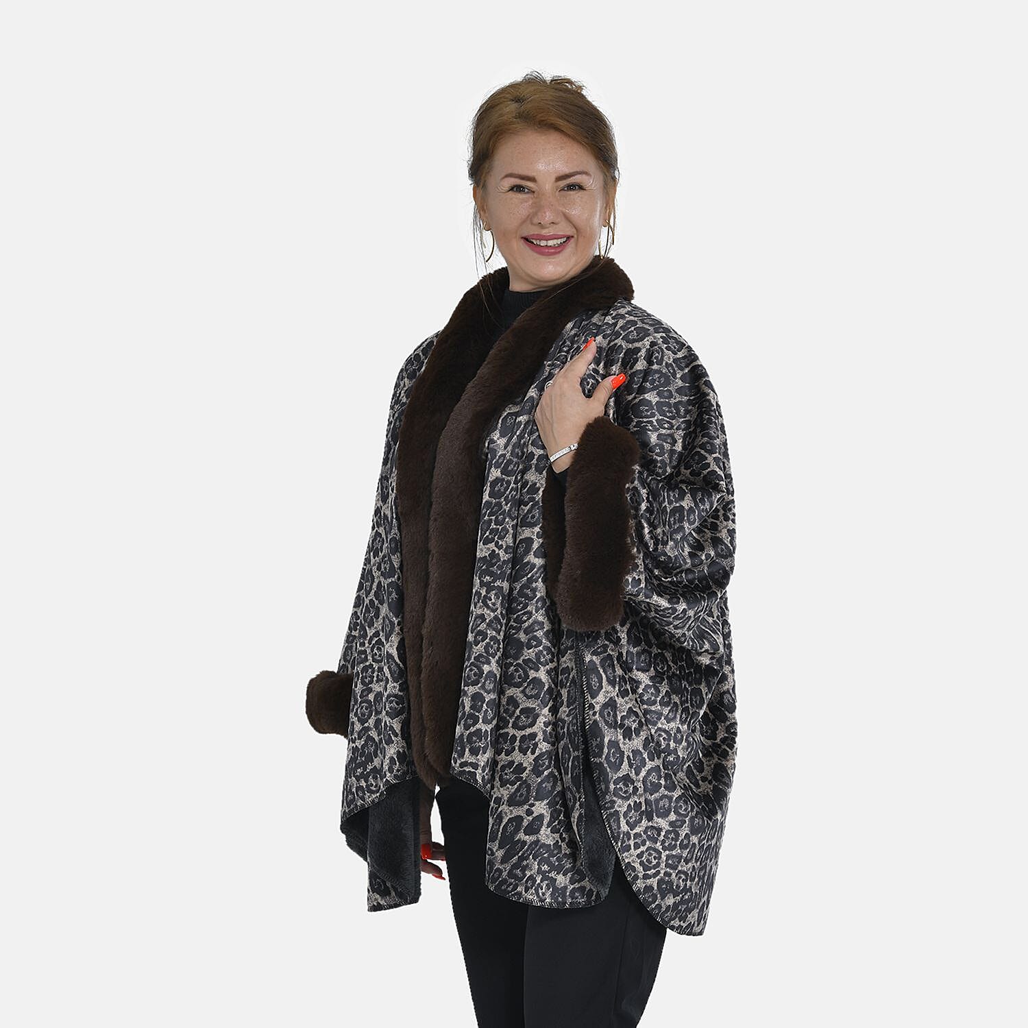 TAMSY Leopard Printed Double Layer Faux Fur Kimono (Size 142x73 Cm) - Brown