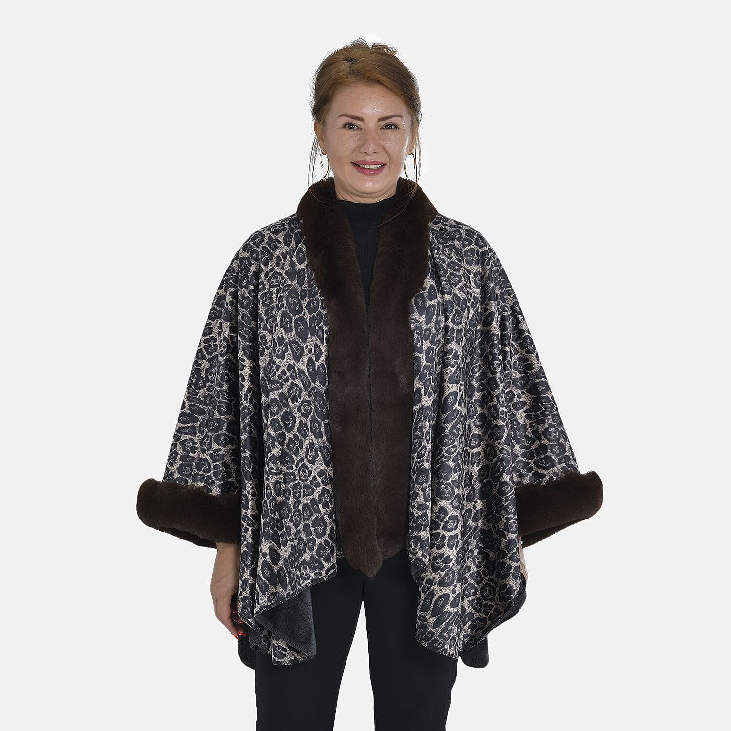 TAMSY Leopard Printed Double Layer Faux Fur Kimono (Size 142x73 Cm) - Brown