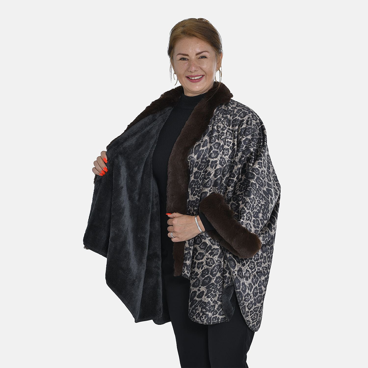 TAMSY Leopard Printed Double Layer Faux Fur Kimono (Size 142x73 Cm) - Brown
