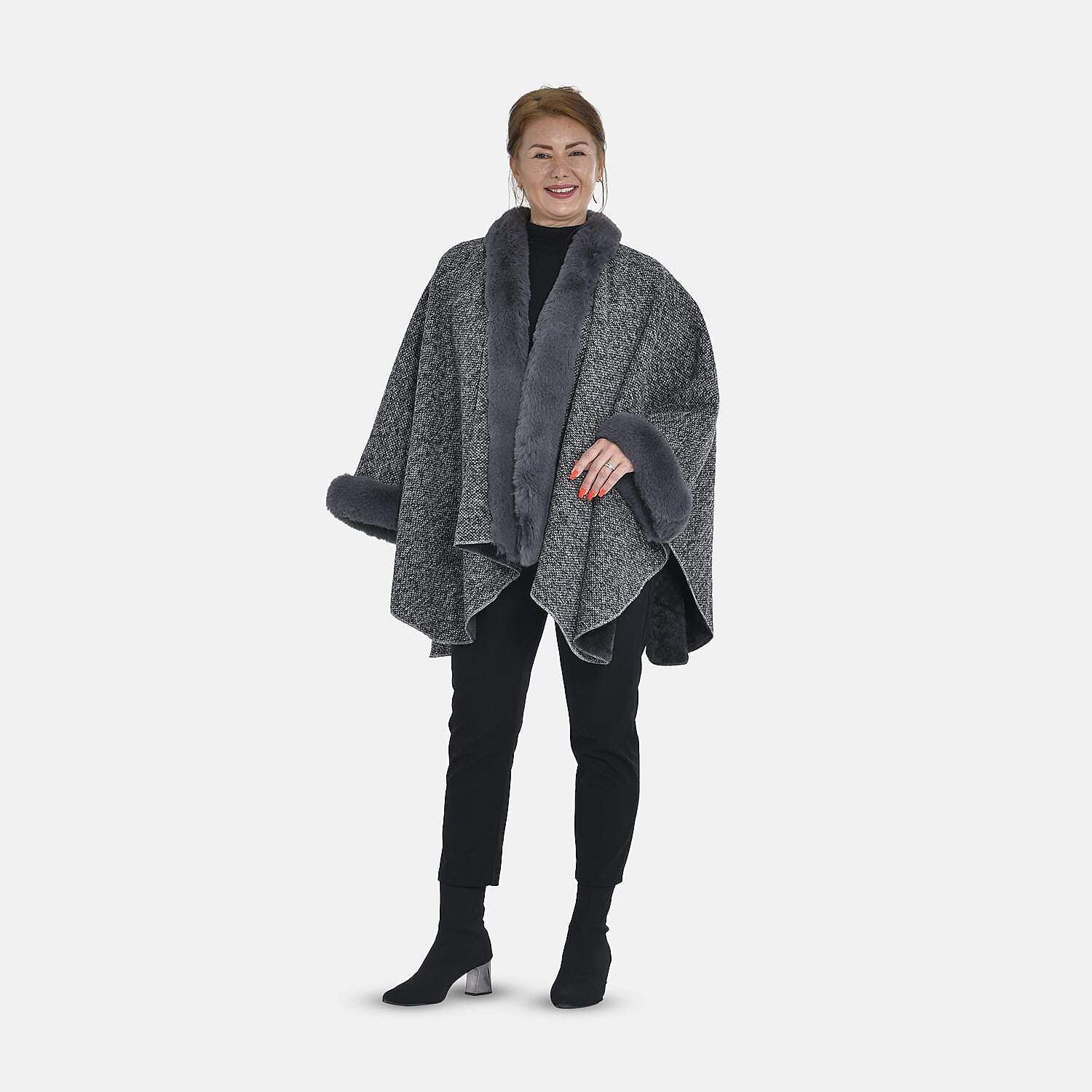 TAMSY Double Layer Knit Faux Fur Kimono - Grey