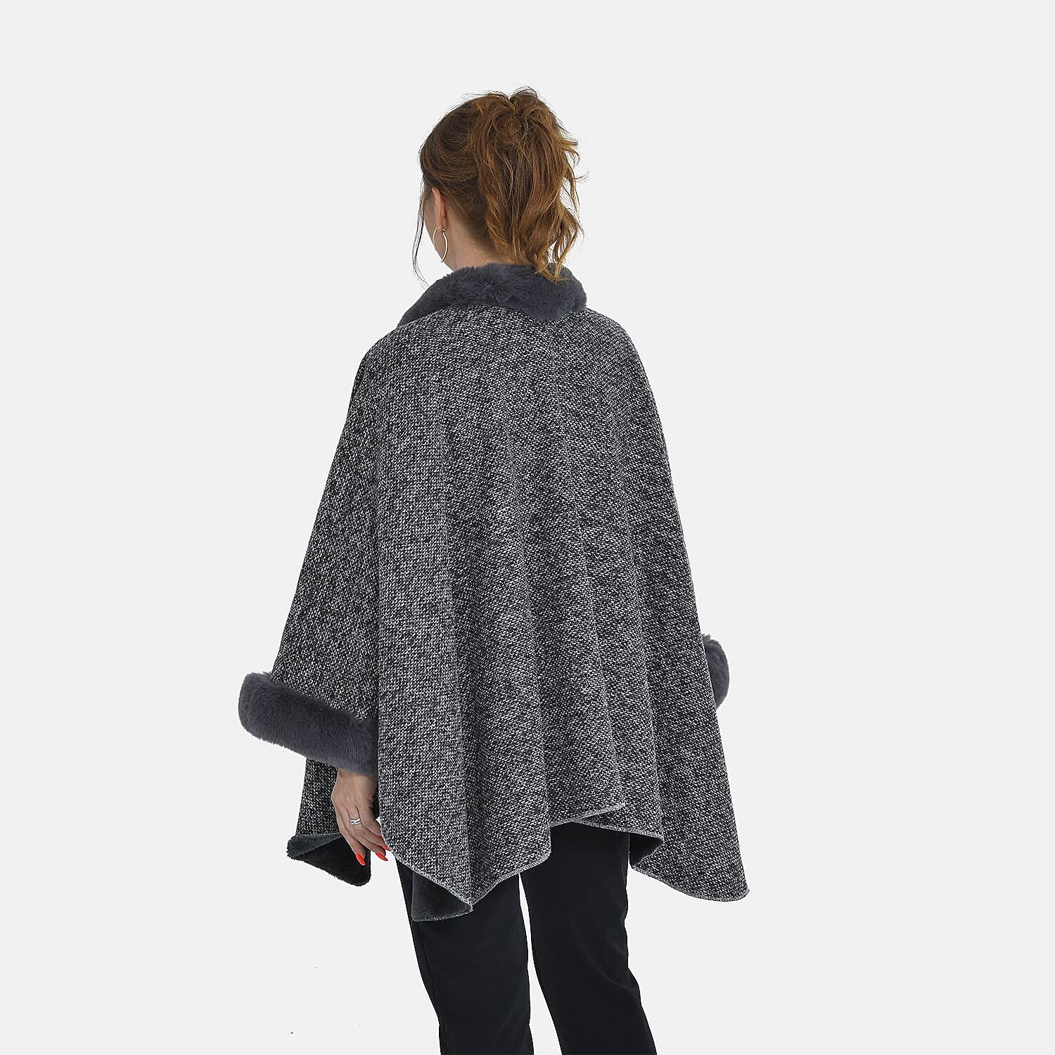 TAMSY Double Layer Knit Faux Fur Kimono - Grey