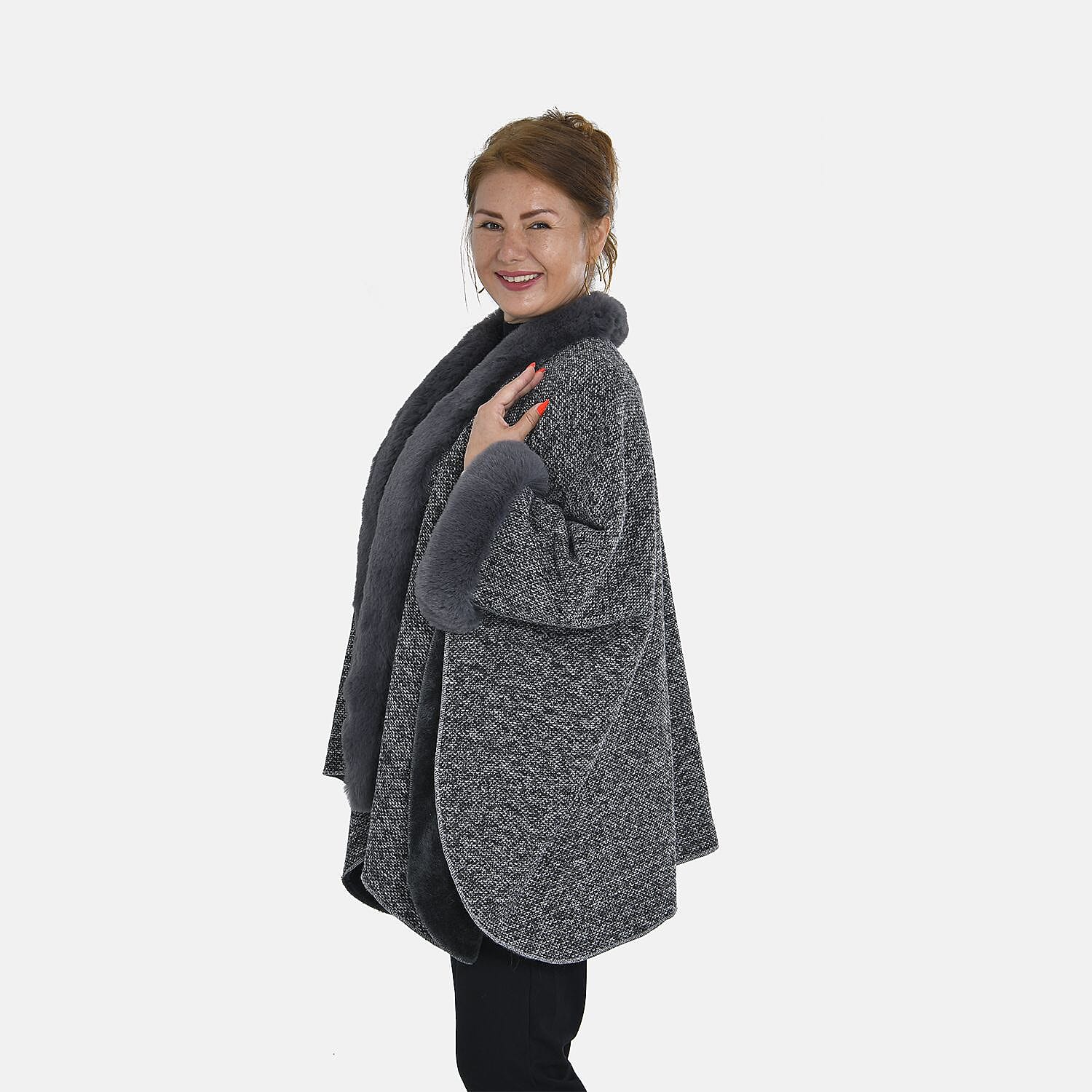TAMSY Double Layer Knit Faux Fur Kimono - Grey