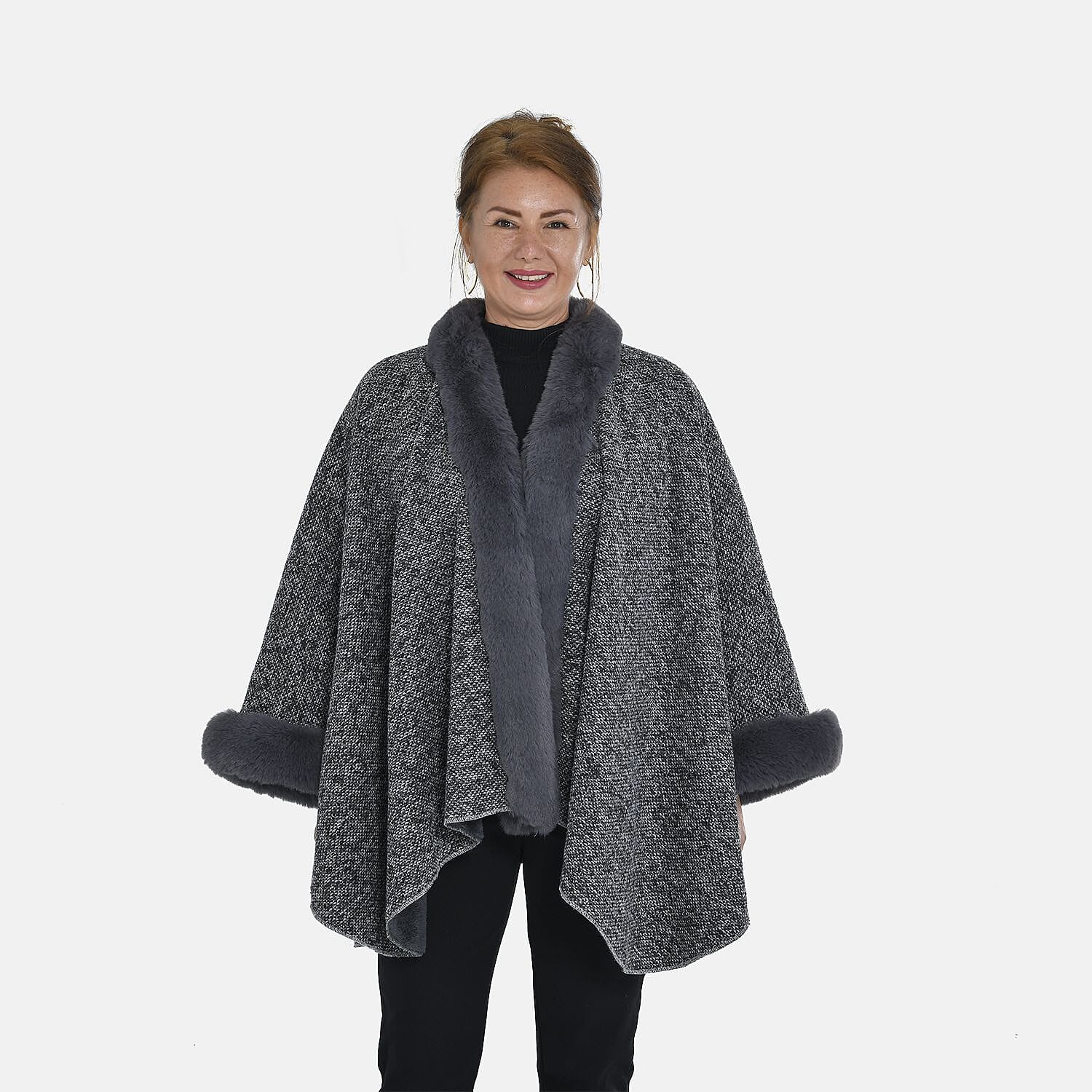 TAMSY Double Layer Knit Faux Fur Kimono - Grey
