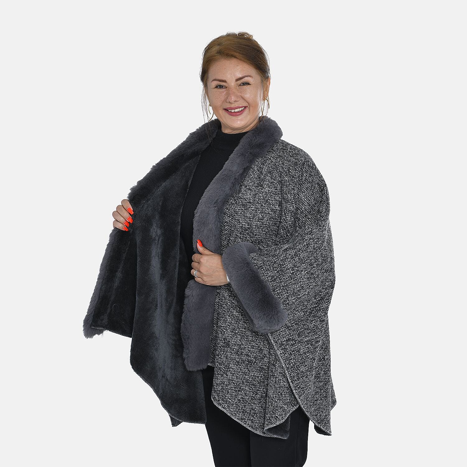 TAMSY Double Layer Knit Faux Fur Kimono - Grey